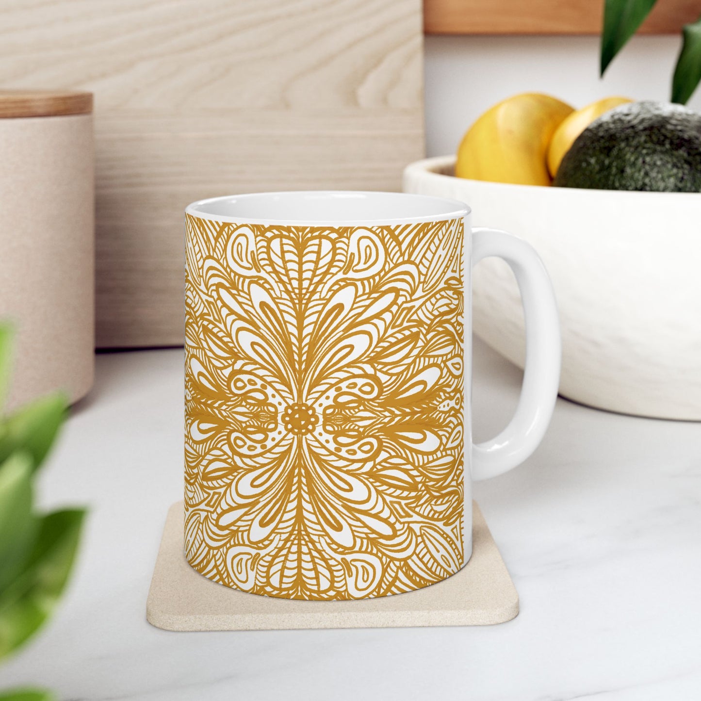 Ceramic Mug , Aurea Organic Mandala, Petals Sacred Portal Design