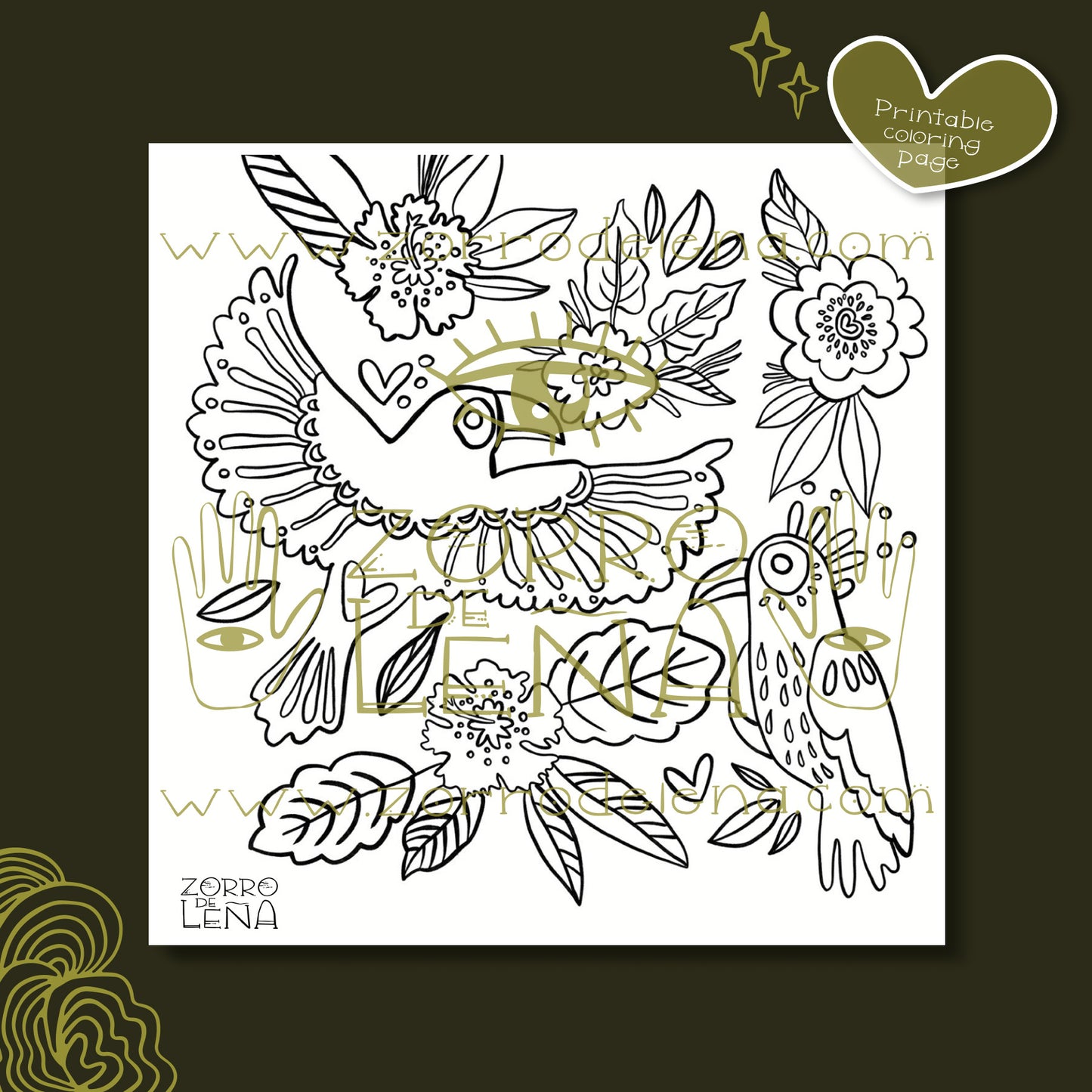 Birds & Tropical Flowers Coloring Page – Macaw-Toucan Fusion | Printable Art