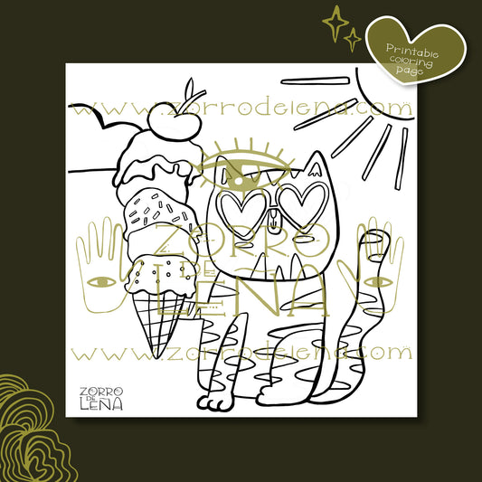 Funny Cat Coloring Page – Heart-Shaped Glasses & Gigantic Ice Cream | Printable Digital Download