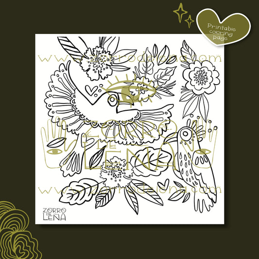 Birds & Tropical Flowers Coloring Page – Macaw-Toucan Fusion | Printable Art